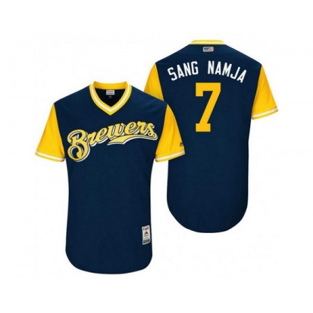 Men's Milwaukee Brewers #7 Sang Namja Navy Stitched Jersey