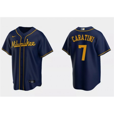 Men's Milwaukee Brewers #7 Victor Caratini Navy Cool Base Stitched Jersey