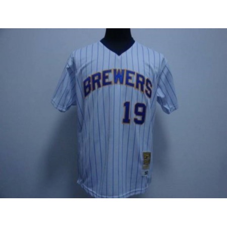 Mitchell and Ness Brewers #19 Robin Yount Stitched White Blue Strip Throwback MLB Jersey
