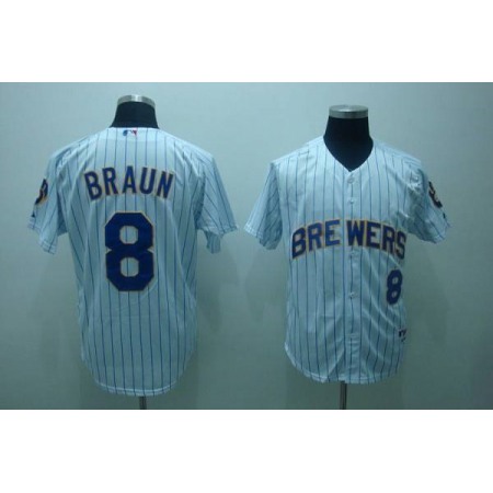 Brewers #8 Ryan Braun Stitched White Blue Strip MLB Jersey