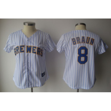 Brewers #8 Ryan Braun White With Blue Strip Lady Fashion Stitched MLB Jersey