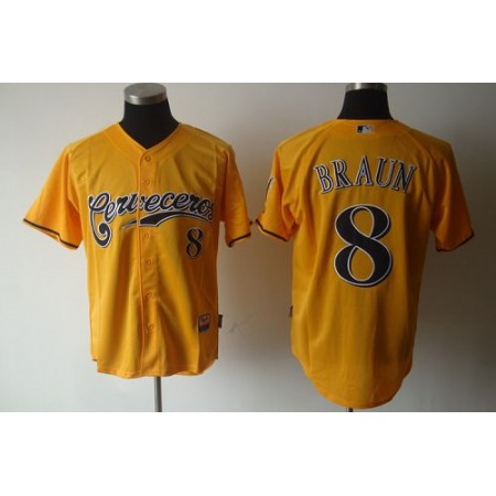 Brewers #8 Ryan Braun Yellow Cerveceros Cool Base Stitched MLB Jersey