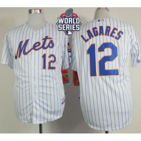 Mets #12 Juan Lagares White(Blue Strip) Home Cool Base W/2015 World Series Patch Stitched MLB Jersey