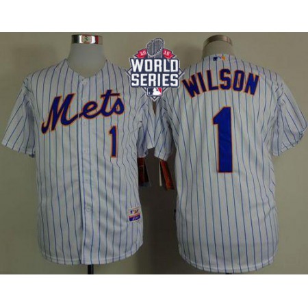 Mets #1 Mookie Wilson White(Blue Strip) Home Cool Base W/2015 World Series Patch Stitched MLB Jersey