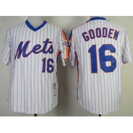 Mitchell and Ness Mets #16 Dwight Gooden Stitched White Blue Strip Throwback MLB Jersey