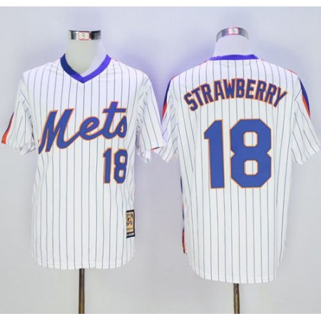 Mitchell and Ness Mets #18 Darryl Strawberry Stitched White Blue Strip Throwback MLB Jersey