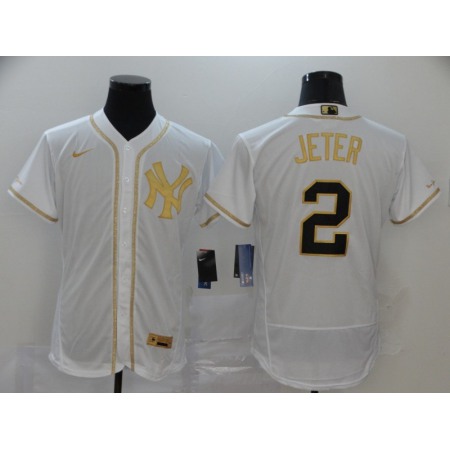 Men's New York Yankees #2 Derek Jeter White Golden Flex Base Stitched MLB Jersey