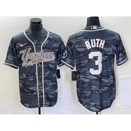 Men's New York Yankees #3 Babe Ruth Gray Camo With Patch Cool Base Stitched Baseball Jersey