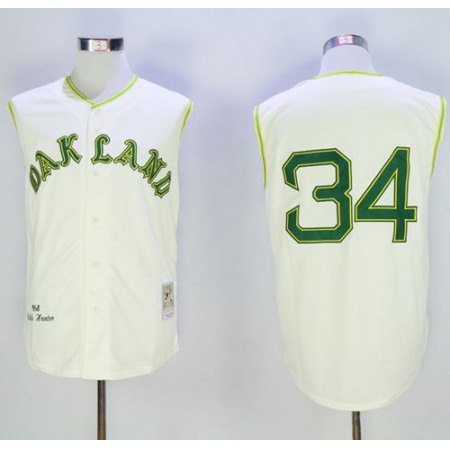 Mitchell And Ness 1968 Athletics #34 Rollie Fingers Cream Throwback Stitched MLB Jersey