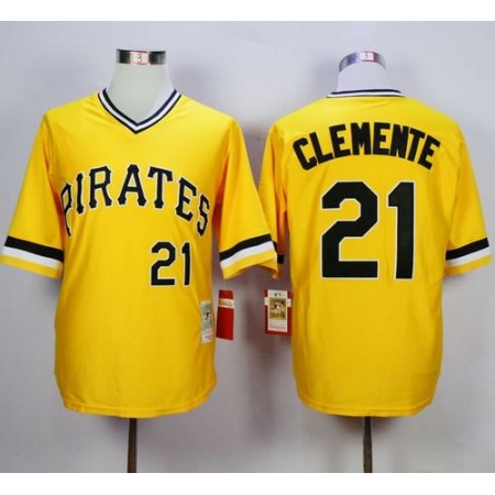 Mitchell and Ness 1971 Pirates #21 Roberto Clemente Yellow Throwback Stitched MLB Jersey