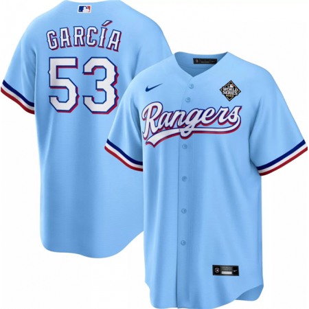 Men's Texas Rangers #53 Adolis Garcia Blue 2023 World Series Cool Base Stitched Baseball Jersey
