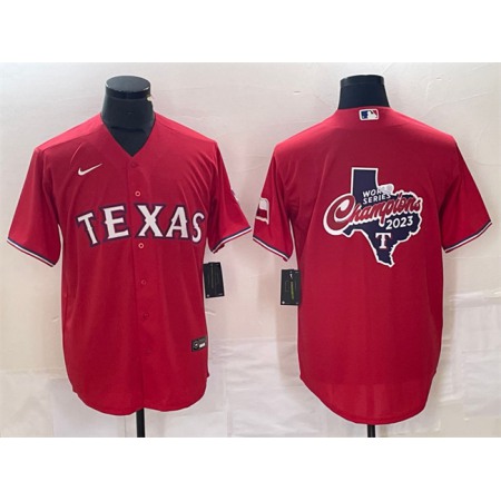 Men's Texas Rangers Red 2023 World Series Champions Big Logo With Patch Cool Base Stitched Baseball Jersey
