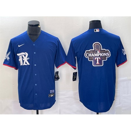 Men's Texas Rangers Royal 2023 World Series Champions Big Logo Cool Base Stitched Baseball Jersey