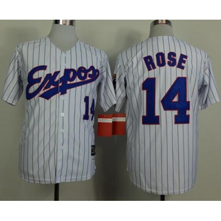 Mitchell And Ness 1982 Expos #14 Pete Rose White(Black Strip) Throwback Stitched MLB Jersey