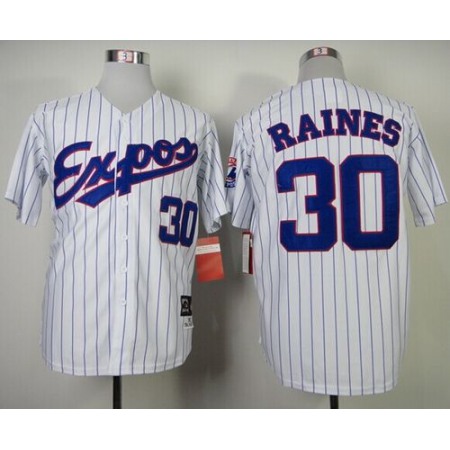 Mitchell and Ness 1982 Expos #30 Tim Raines White Blue Strip Stitched Throwback MLB Jersey