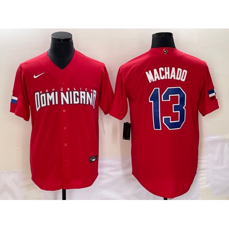 Men's Dominican Republic Baseball #13 Manny Machado 2023 Red World Baseball Classic Stitched Jersey