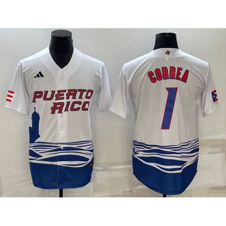 Men's Puerto Rico Baseball #1 Carlos Correa 2023 White World Baseball Classic Stitched Jersey