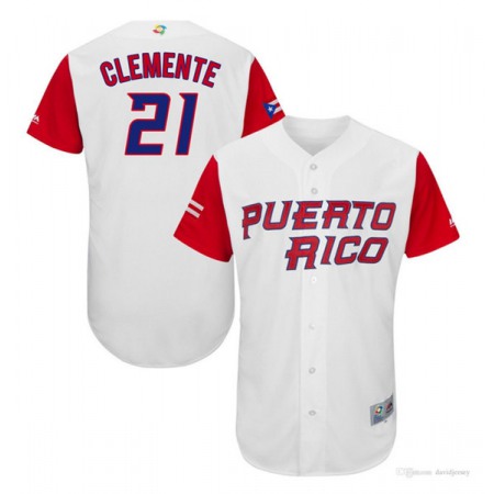 Men's Puerto Rico Baseball #21 Roberto Clemente White World Game Classic Baseball Jersey