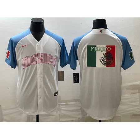 Men's Mexico Baseball 2023 White Blue World Baseball Big Logo Classic Stitched Jersey