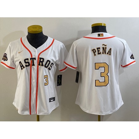Women's Houston Astros #3 Jeremy Pena White 2023 Gold Collection With World Serise Champions Patch Stitched Jersey(Run Small)