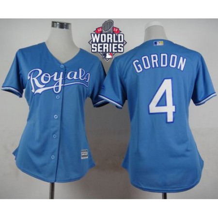 Royals #4 Alex Gordon Light Blue Alternate 1 W/2015 World Series Patch Women's Stitched MLB Jersey