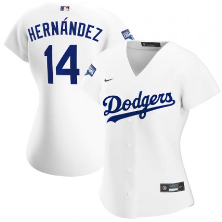 Women's Los Angeles Dodgers #14 Kike Hernandez White 2020 World Series Champions Home Patch MLB Stitched Jersey(Run Small)