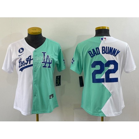 Women's Los Angeles Dodgers #22 Bad Bunny 2022 All-Star White/Green Split Stitched Baseball Jersey(Run Small)