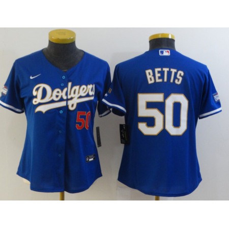 Women's Los Angeles Dodgers #50 Mookie Betts Blue Gold Championship Cool Base Stitched Jersey(Run Small)
