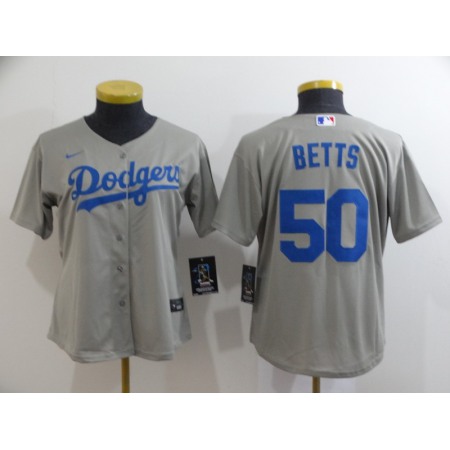 Women's Los Angeles Dodgers #50 Mookie Betts Grey Cool Base Stitched MLB Jersey(Run Small)