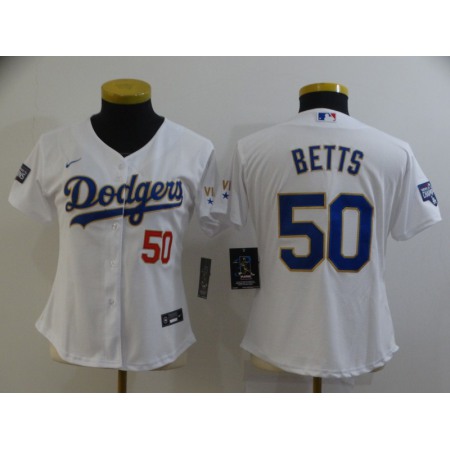 Women's Los Angeles Dodgers #50 Mookie Betts White Gold Championship Cool Base Stitched Jersey(Run Small)