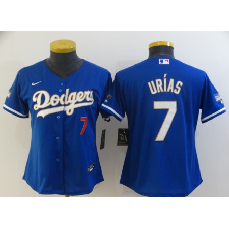 Women's Los Angeles Dodgers #7 Julio Urias Blue Gold Championship Cool Base Stitched Jersey(Run Small)