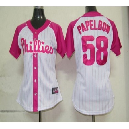 Phillies #58 Jonathan Papelbon White/Pink Women's Splash Fashion Stitched MLB Jersey