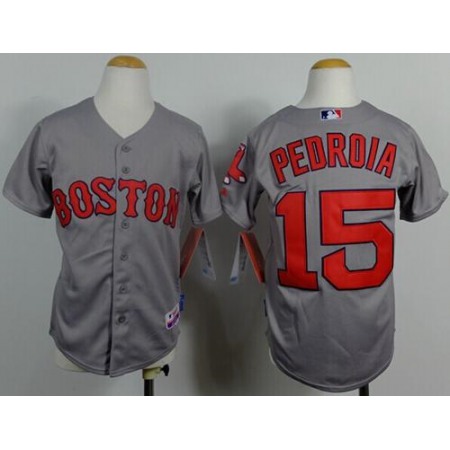 Red Sox #15 Dustin Pedroia Grey Cool Base Stitched Youth MLB Jersey