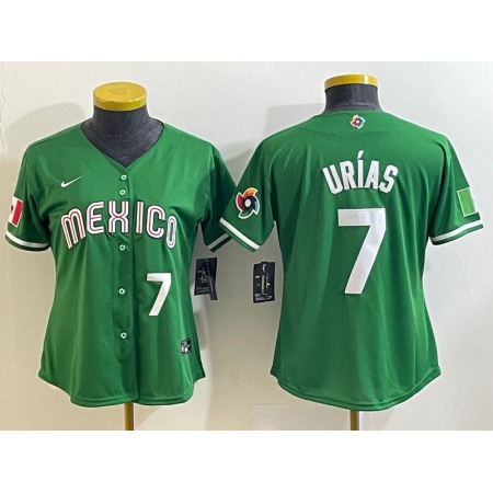 Women's Mexico Baseball #7 Julio Urias 2023 Green World Baseball Classic With Patch Stitched Jersey(Run Small)