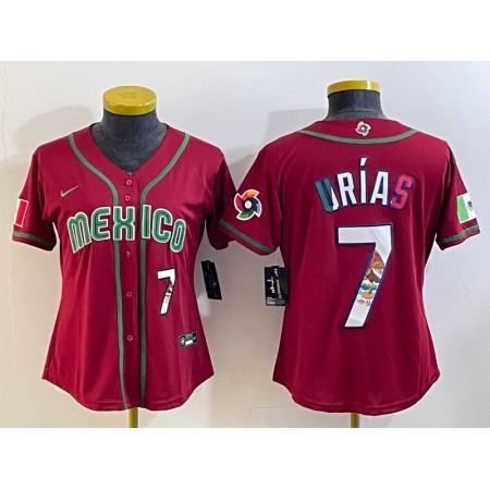 Women's Mexico Baseball #7 Julio Urias 2023 Red World Baseball Classic With Patch Stitched Jersey(Run Small)
