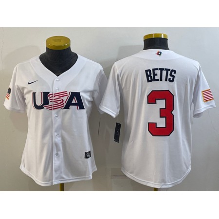 Women's USA Baseball #3 Mookie Betts 2023 White World Baseball Classic Stitched Jersey(Run Small)