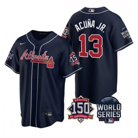 Youth Atlanta Braves #13 Ronald Acuna Jr 2021 Navy World Series Champions With 150th Anniversary Cool Base Stitched Jersey