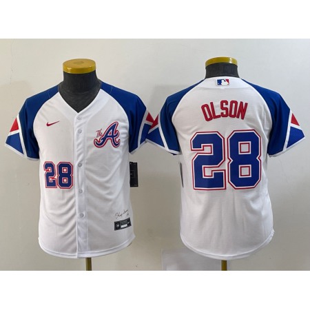 Youth Atlanta Braves #28 Matt Olson White 2023 City Connect With Patch Stitched Baseball Jersey