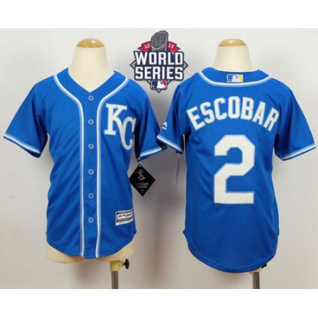 Royals #2 Alcides Escobar Blue Alternate 2 Cool Base W/2015 World Series Patch Stitched Youth MLB Jersey