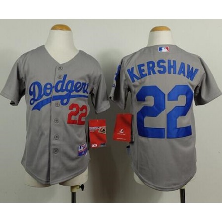 Dodgers #22 Clayton Kershaw Grey Cool Base Stitched Youth MLB Jersey