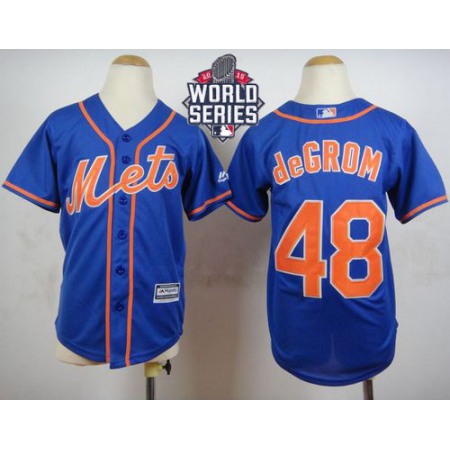 Mets #48 Jacob DeGrom Blue Alternate Home Cool Base W/2015 World Series Patch Stitched Youth MLB Jersey