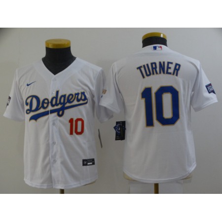 Youth Los Angeles Dodgers #10 Justin Turner White Gold Championship Cool Base Stitched Jersey