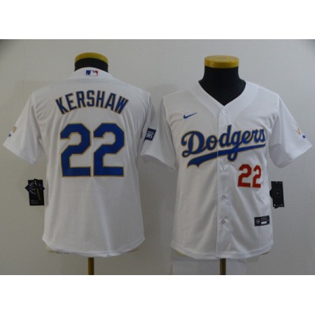 Youth Los Angeles Dodgers #22 Clayton Kershaw White Gold Championship Cool Base Stitched Jersey