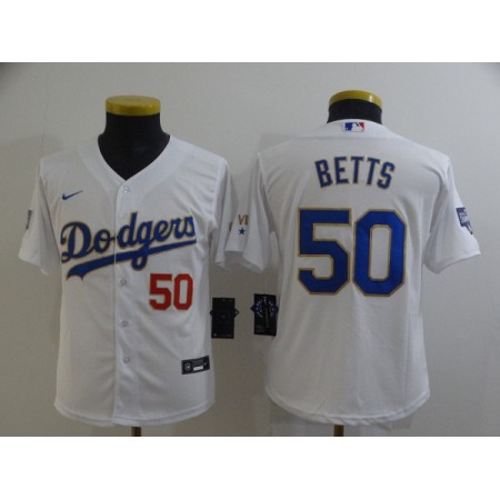 Youth Los Angeles Dodgers #50 Mookie Betts White Gold Championship Cool Base Stitched Jersey