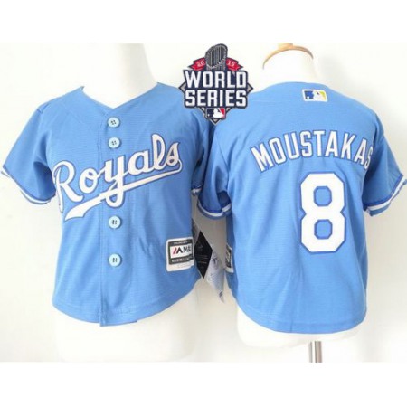 Toddler Royals #8 Mike Moustakas Light Blue Alternate 1 Cool Base W/2015 World Series Patch Stitched MLB Jersey