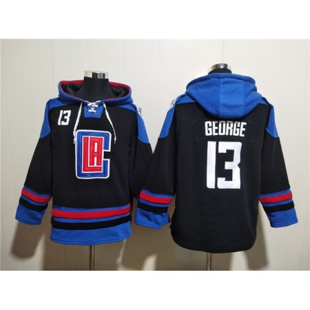 Men's Los Angeles Clippers #13 Paul George Black/Blue Lace-Up Pullover Hoodie