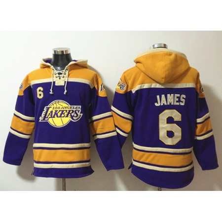 Men's Los Angeles Lakers #6 Lebron James Purple Lace-Up Pullover Hoodie