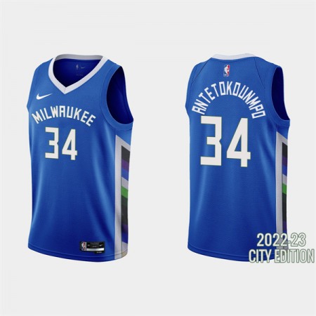 Men's Milwaukee Bucks #34 Giannis Antetokounmpo 2022-23 Blue City Edition Stitched Basketball Jersey