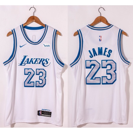 Men's Los Angeles Lakers #23 LeBron James White City Edition New Blue Silver Logo 2020-21 Stitched Jersey