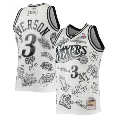 Men's Philadelphia 76ers #3 Allen Iverson Mitchell & Ness White 1997-98 Hardwood Classics Tattoo Swingman Stitched Basketball Jersey